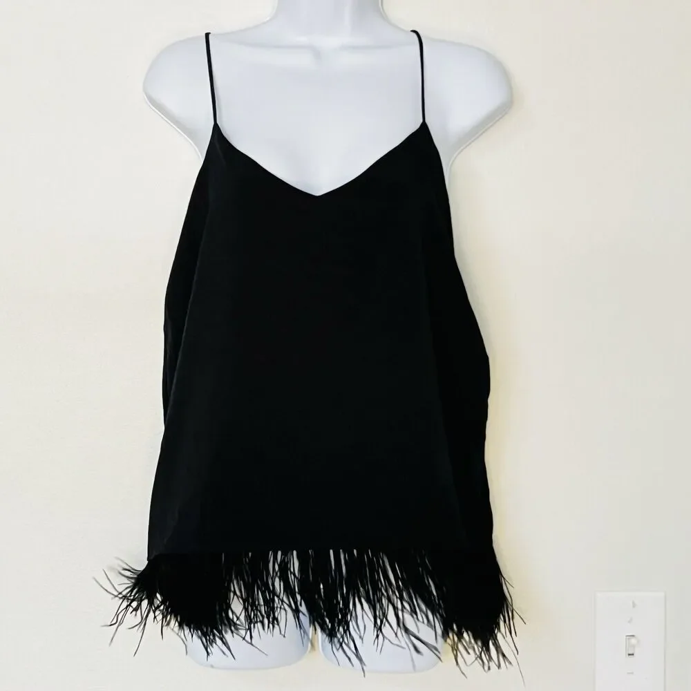 Amaryllis Spaghetti Strap Camisole Feather Trim Blouse Black Small Lined - Picture 1 of 10